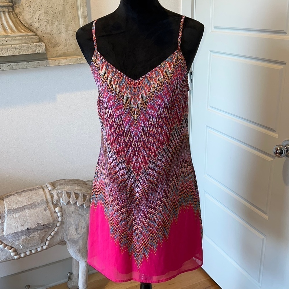 Maurices pink print spaghetti adjustable straps shift v neck dress Sz S